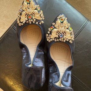 Guansitu Navy Blue Ballet Flats with Gold and multicolor rhinestones